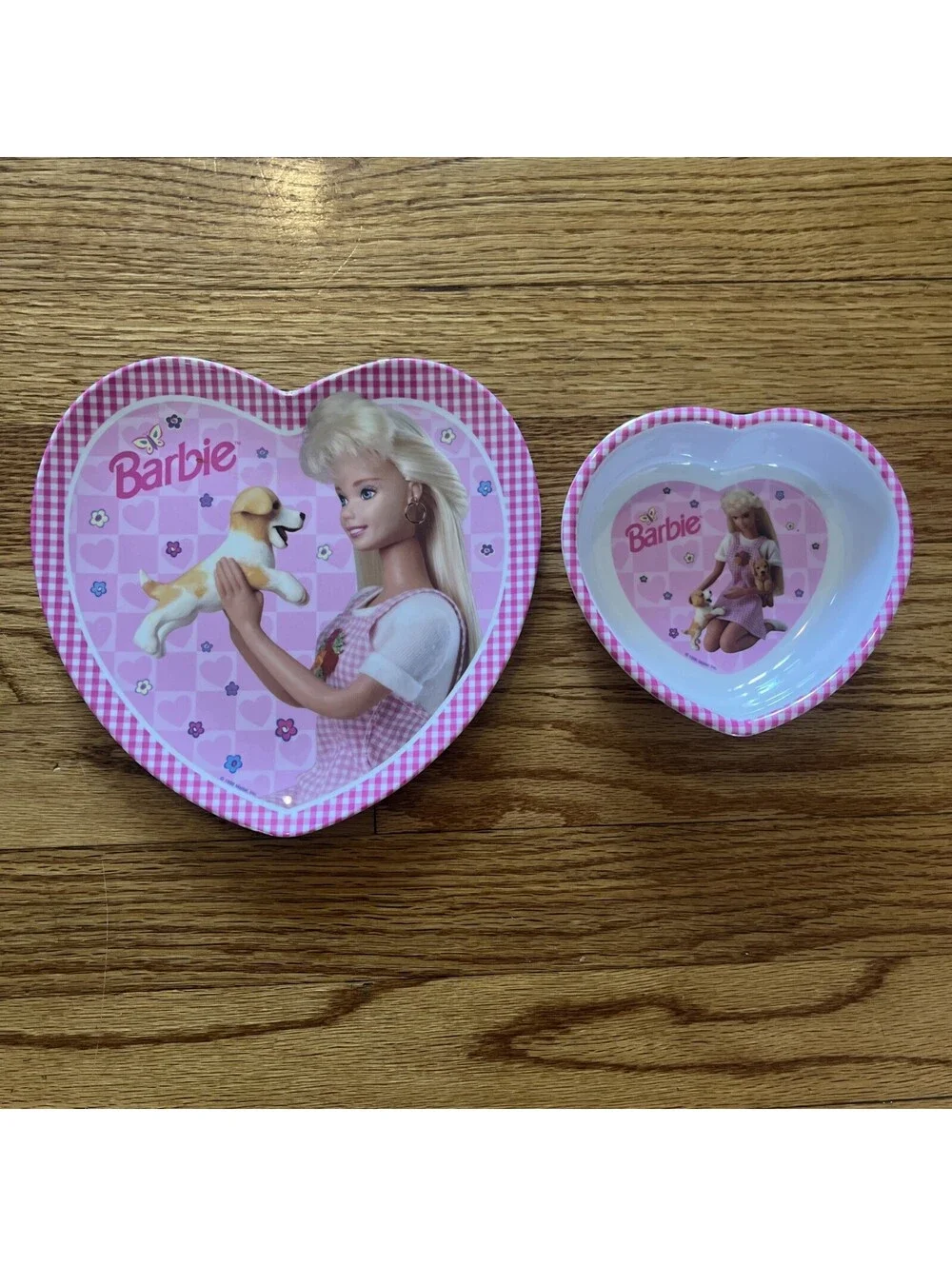 Vtg 90’s  Barbie Heart Shaped Plate & Bowl Set Pink Gingham Border Melamine